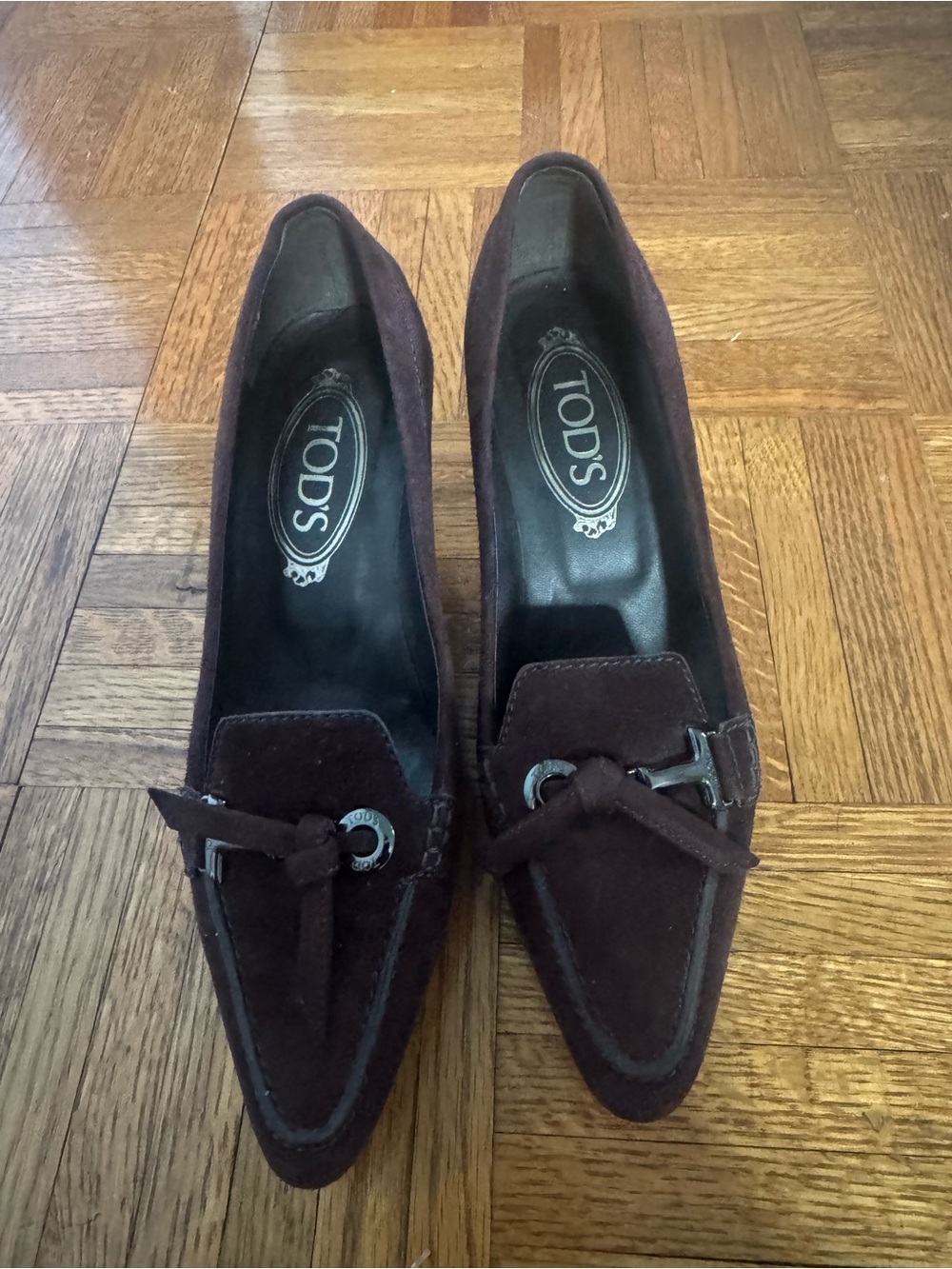 TOD'S Dark Brown Suede Pointed-Toe Loafers with Metal Bit